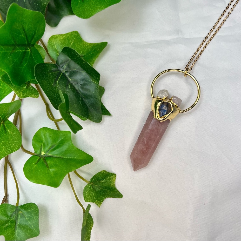 Gold Electroformed Strawberry Quartz & Labradorite Crystal Point Necklace